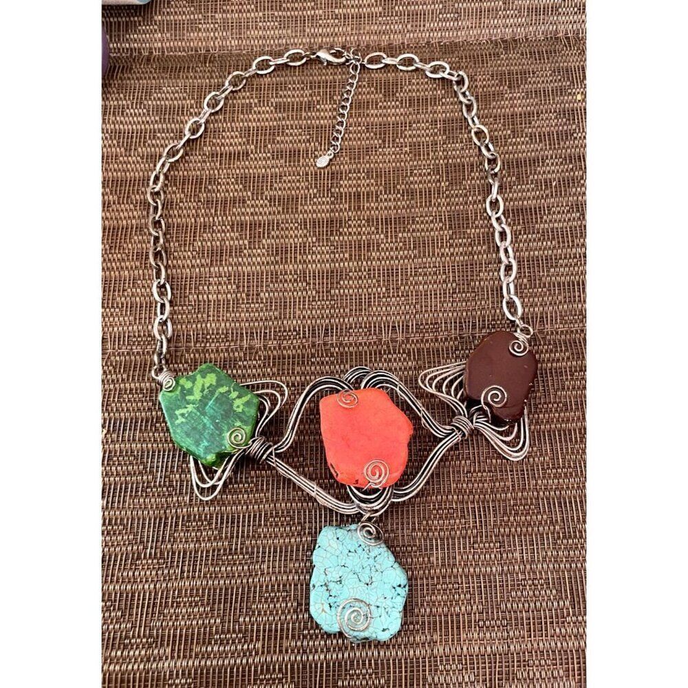 Vintage Signed Statement Necklace Multi Color Wire wrap Boho 24"